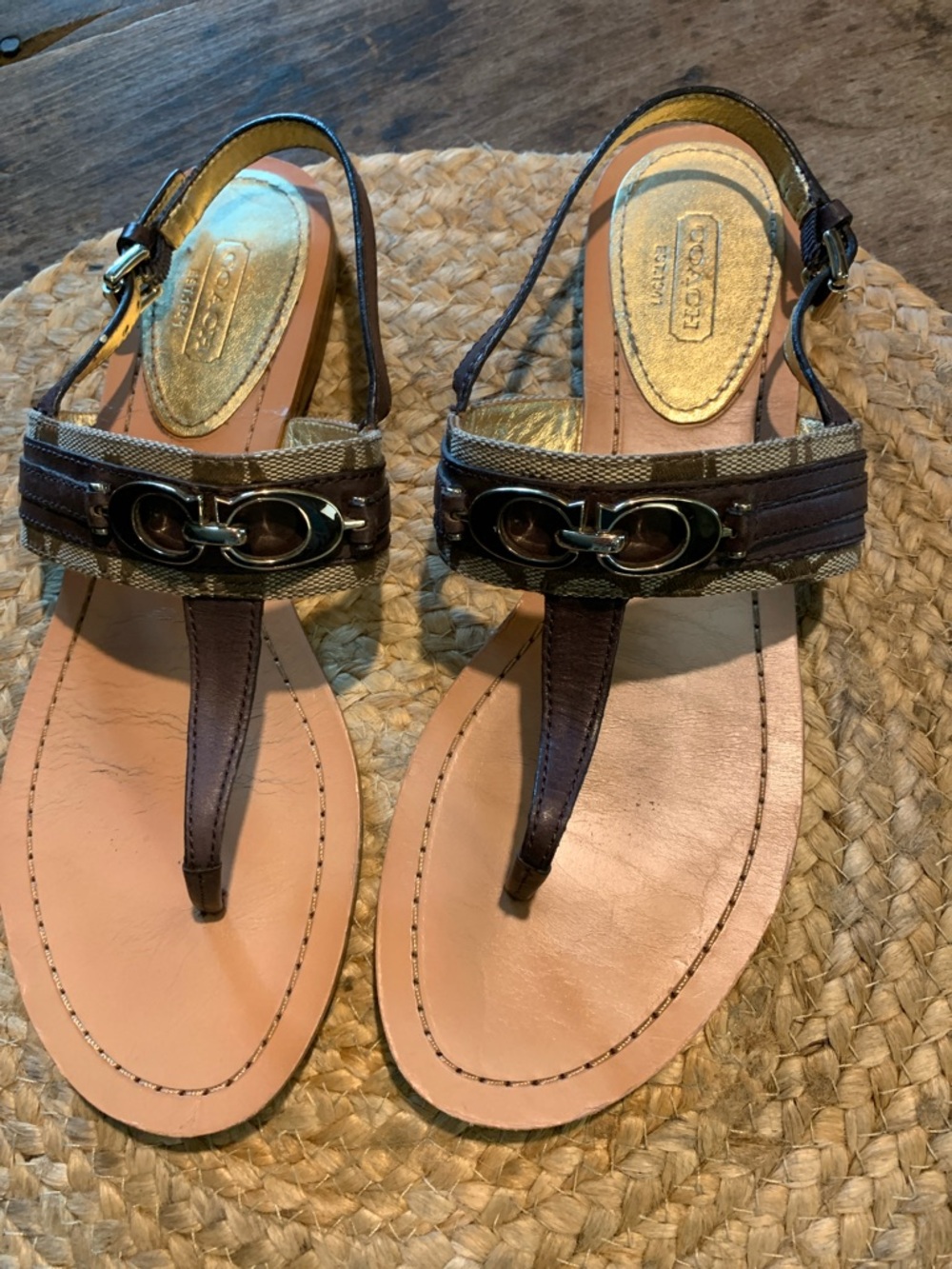 Coach Brown Leather and Signature Canvas Thong Sandals with Metal Accent